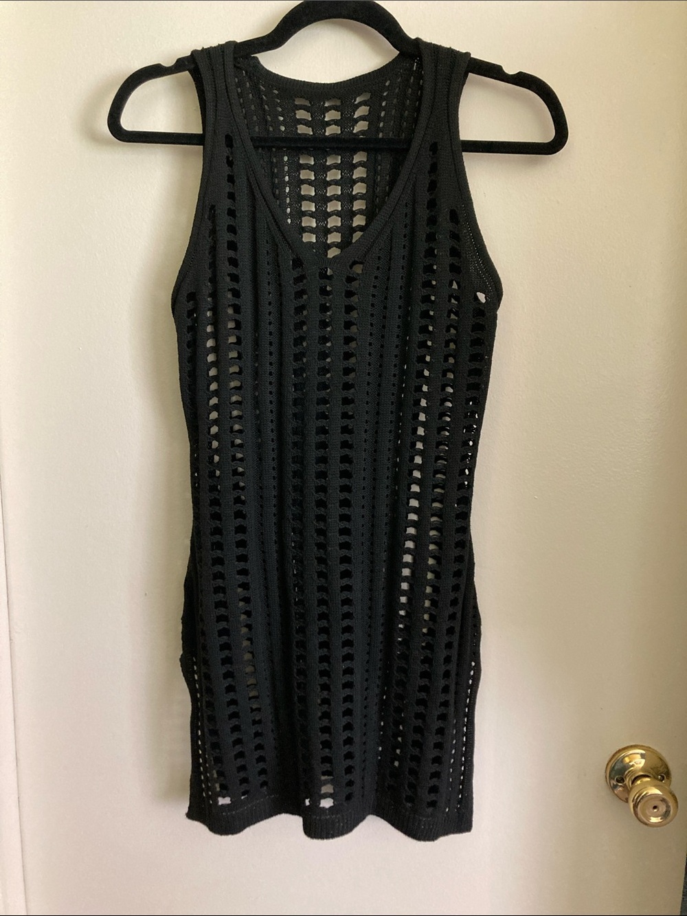 Black Open-Knit Swim Coverup Tank Dress